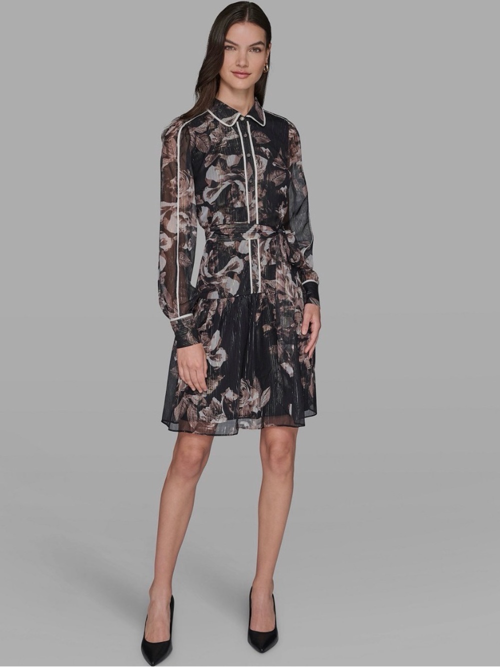 Karl Lagerfeld Black Floral Drop Waist Long-Sleeve Shirt Dress, New Without Tags